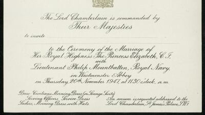 The invitation from the wedding of Princess Elizabeth and Lieutenant Philip Mountbatten. Courtesy Royal Archives