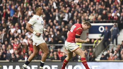 Dan Biggar celebrates after scoring the first try for Wales. Reuters / Toby Melville