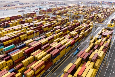 Stacked shipping containers at Umm Qasr Port in Basra, Iraq, on March 12. AFP