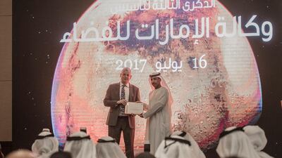 Dr. Mohammed Al Ahbabi, director general of the UAE Space Agency, at celebrations for their 3rd anniversary. Vidhyaa Chandramohan / The National