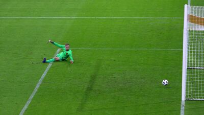 Netherlands goalkeeper Marco Bizot of Netherlands watches the ball hit the net to concede their side's first goal scored by Sergio Canales. Getty Images
