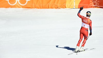 Aksel Lund Svindal of Norway reacts after the Men's Downhill race at the Jeongseon Alpine Centre. Christian Bruna / EPA