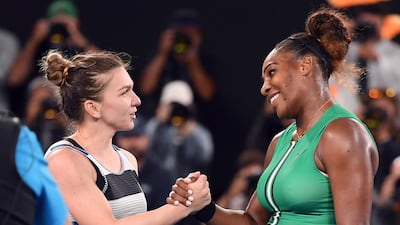 Serena Williams greets Simona Halep at the net after their Australian Open fourth round match. AP Photo