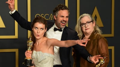 US filmmaker Carol Dysinger (R) and director Elena Andreicheva (L) poses in the press room with the Oscar for Best Short Subject Documentary for "Learning to Skateboard in a Warzone (If You're a Girl)" along with US actor Mark Ruffalo during the 92nd Oscars. AFP