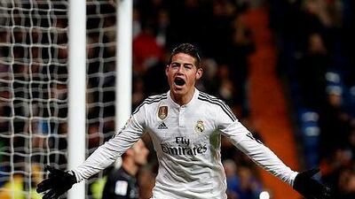 Real Madrid's James Rodriguez celebrates scoring against Sevilla during their match at Santiago Bernabeu stadium in Madrid on February 4, 2015. REUTERS/Susana Vera