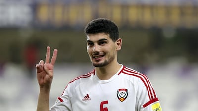 Mohanad Salem celebrates the UAE's World Cup qualifier win over Saudi Arabia at Hazza Bin Zayed Stadium on Tuesday. Chris Whiteoak / The National