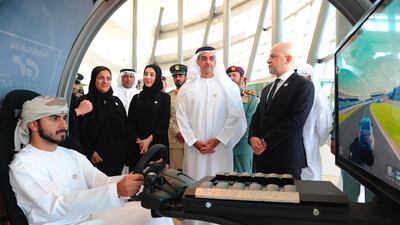 Sheikh Saif bin Zayed, Deputy Prime Minister and Minister of Interior, Sheikha Lubna Al Qasimi, Minister of State for Tolerance, and Shamma Al Mazrui, Minister of State for Youth Affairs, watch a student tests his driving skills at the launch of the latest safe driving campaign at Zayed University in Abu Dhabi. Wam