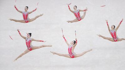 The Japanese team performing at the Rhythmic Gymnastics World Championships in Baku, on Sunday September 22. EPA