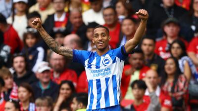Brighton & Hove Albion's Joao Pedro celebrates scoring their third goal. Reuters