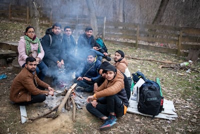 A group of Indian students wait to cross the border into Poland from Ukraine. Oliver Marsden for The National