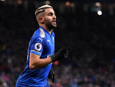 Riyad Mahrez of Leicester City celebrates scoring his side's second goal during the Premier League match between Leicester City and Watford at The King Power Stadium on January 20. Laurence Griffiths/Getty Images