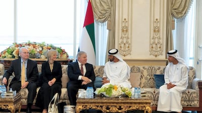 Sheikh Mohamed bin Zayed, Crown Prince of Abu Dhabi and Deputy Supreme Commander of the Armed Forces, receives Timothy Lenderking (left), along with retired General Anthony Zinni during a Sea Palace barza. Rashed Al Mansoori / Crown Prince Court