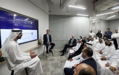 Omar Al Olama, Minister of State for Artificial Intelligence, at the opening of the Centre for the Fourth Industrial Revolution in Dubai. Satish Kumar / The National
