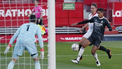 Real Madrid's Raphael Varane at the Sanchez Pizjuan stadium. EPA
