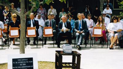 Pupils and teachers look on as the time capsule is buried at the British School - Al Khubairat. Courtesy: BSAK