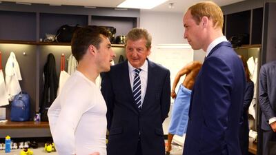 Prince William, Duke of Cambridg, shown speaking with England defender Leighton Baines and manager Roy Hodgson prior to the team's friendly on Friday at Wembley Stadium. Michael Regan / AFP / May 30, 2014