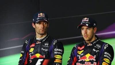 The celebrations between Red Bull Racing teammates Mark Webber, left, and Sebastian Vettel, were muted after the Malaysian Grand Prix after the latter ignored team orders to pass Webber.