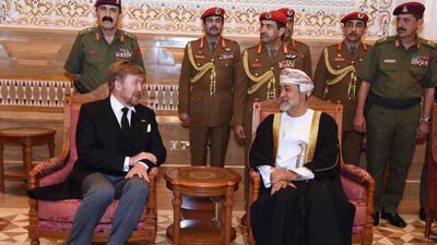 Oman's newly sworn-in Sultan Haitham bin Tariq (R) receiving King Willem-Alexander of the Netherlands in the capital Muscat. AFP