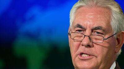This photo, taken on August 1, 2017, shows US secretary of state Rex Tillerson as he delivers remarks from the briefing room of the US State Department in Washington, DC. Mr Tillerson is scheduled to travel to Myanmar this week, becoming the most senior US official to visit since the start of the Rohingya crisis. Paul J Richards / AFP