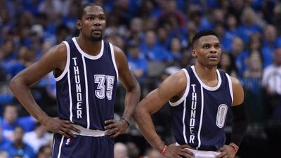 Kevin Durant and Russell Westbrook of the Oklahoma City Thunder shown during Game 4 of their first round NBA play-offs series win against the Dallas Mavericks. Larry W Smith / EPA / April 23, 2016