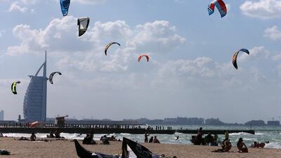 People enjoy their holiday at Kite beach in Dubai. Pawan Singh / The National