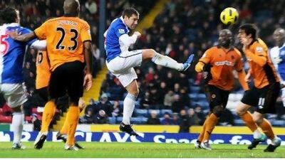 David Dunn, centre, scores the opening goal of Blackburn Rovers' 3-0 win over Wolverhampton Wanderers at Ewood Park. Chris Brunskill / Getty Images