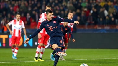 Robert Lewandowski scores his first goal against Red Star. Getty