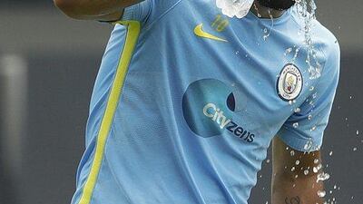 Sergio Aguero of Manchester City is cooling down after a training session of the 2016 International Champions Cup match between Manchester City and Manchester United at Olympic Sports Center Stadium on July 24, 2016 in Beijing, China. Lintao Zhang / Getty Images