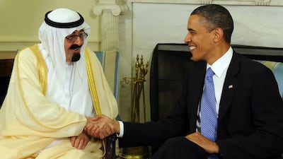 US President Barack Obama, right, and Saudi Arabian King Abdullah bin Abdulaziz in 2010. Roger L Wollenberg / Getty Images
