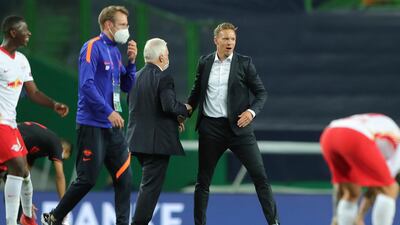 Leipzig's manager Julian Nagelsmann celebrates after the Champions League quarter-final win over Atletico Madrid at the Jose Alvalade Stadium in Lisbon on Thursday. AP