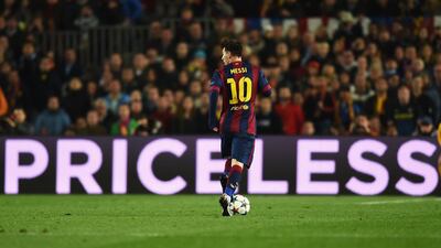 Lionel Messi of Barcelona runs with the ball during his side’s Uefa Champions League win over Manchester City at the Camp Nou on Wednesday night. Michael Regan / Getty Images / March 18, 2015