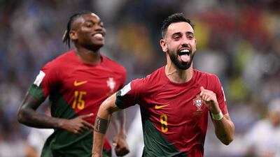 Portugal's Bruno Fernandes celebrates scoring their second goal. AFP