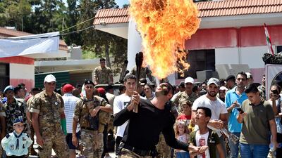 A soldier in south Lebanon performs during an open day between the Lebanese army and UN peacekeeping troops in the southern port city of Tyre. EPA