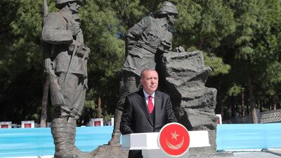 Turkish President Tayyip Erdogan speaks during a ceremony marking the 104th anniversary of Battle of Canakkale, also known as the Gallipoli Campaign, in Canakkale. Reuters