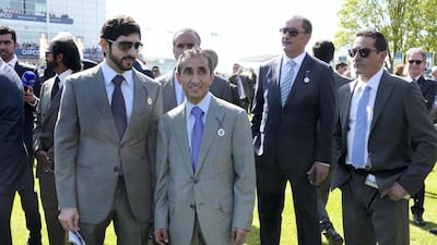 Sheikh Hamdan and Sheikh Saeed bin Maktoum bin Juma, President of the UAE Padel Association Defoe attend the 2000 Guineas Stakes. Wam