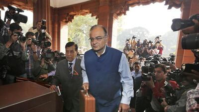 Indian finance minister Arun Jaitley arrives at Parliament House to present the 2015-16 budget in New Delhi, India, on February 28, 2015. Manish Swarup/AP Photo