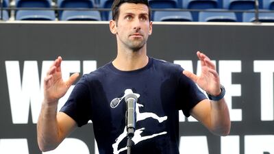 ADELAIDE, AUSTRALIA - DECEMBER 29: Novak Djokovic talks to the media after a practice session ahead of the 2023 Adelaide International at Memorial Drive on December 29, 2022 in Adelaide, Australia. (Photo by Sarah Reed / Getty Images)