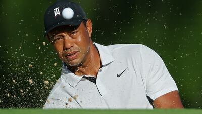 Tiger Woods plays a shot from a bunker during a practice round prior to the start of the 2022 PGA Championship at Southern Hills Country Club on May 16, 2022 in Tulsa, Oklahoma. Getty