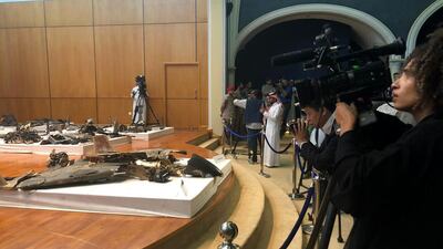Journalists look at drone wreckage said to be from the attack on the Aramco Aquaiq oil refinery displayed during a Ministry of Defense news conference in Riyadh, Saudi Arabia, on Wednesday, September 18, 2019.Bloomberg