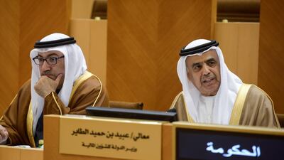 Minister of State for Financial Affairs Obaid Al Tayer addresses members of the Federal National Council on Tuesday December 19. Khushnum Bhandari / The National