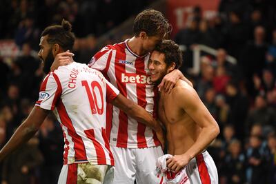 Stoke City's Ramadan Sobhi, right, after scoring his side's third goal. Gareth Copley / Getty Images