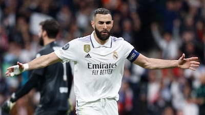 Real Madrid's Karim Benzema celebrates after scoring against Liverpool during their Champions League last-16 second leg at the Bernabeu on Wednesday, March 16, 2023. AFP