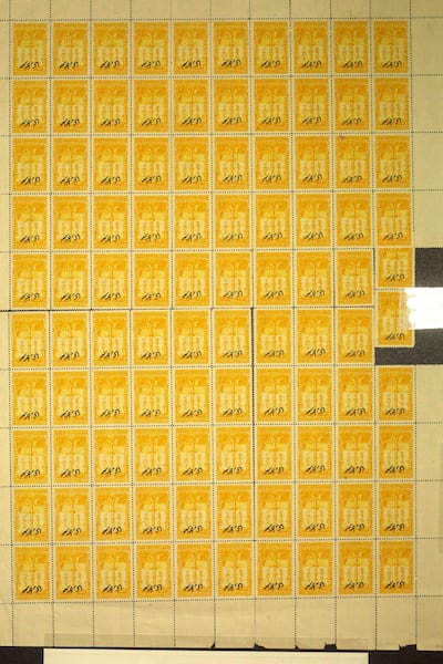 Chand Minar stamp sheet - Year of Issue: 12th November 1931; This sheet of Chand Minar 1 Rupee Yellow stamps are the most prized stamps that are part of the Ewari Collection. courtesy The Gujral Foundation.