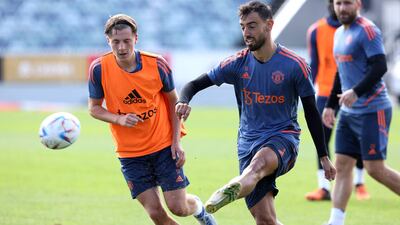 Manchester United player Bruno Fernandes kicks the ball during a training session at the WACA stadium in Perth. AFP