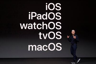 Tim Cook, chief executive of Apple, while delivering the keynote address at WWDC on Monday. Reuters
