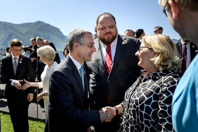 Swiss President Ignazio Cassis, Ukraine's parliament Speaker Ruslan Stefanchuk and German Development Minister Svenja Schulze at the recovery summit in Switzerland. AFP