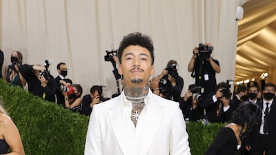 Nyjah Huston in white at the 2021 Met Gala. AFP