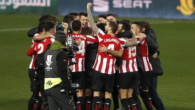 Athletic Bilbao's players celebrate winning the Spanish Super Cup semi final. EPA