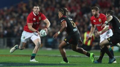 Robbie Henshaw of the British & Irish Lions runs with the ball during the match against the Chiefs at Waikato Stadium on June 20, 2017 in Hamilton, New Zealand.