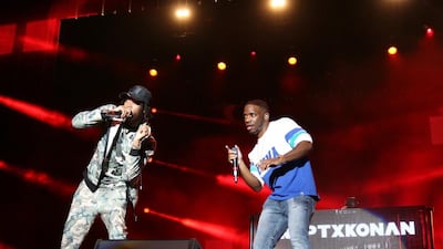 Krept & Konan entertain the crowd with some old school rap at Beats on the Beach. Navin Khianey for The National